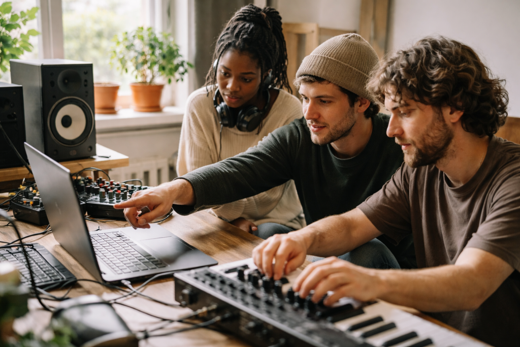 [light] Om os/team: candid billede af 2–3 personer i et kreativt studie-miljø, der samarbejder om et track — bruges til kultur og fællesskab.