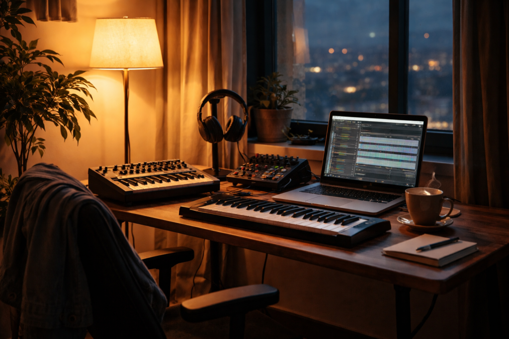 [dark] Atmosfære/livsstil: aftenstemning i en lille dansk lejlighed hvor elektronisk musik skabes — intimt, inspirerende og autentisk.