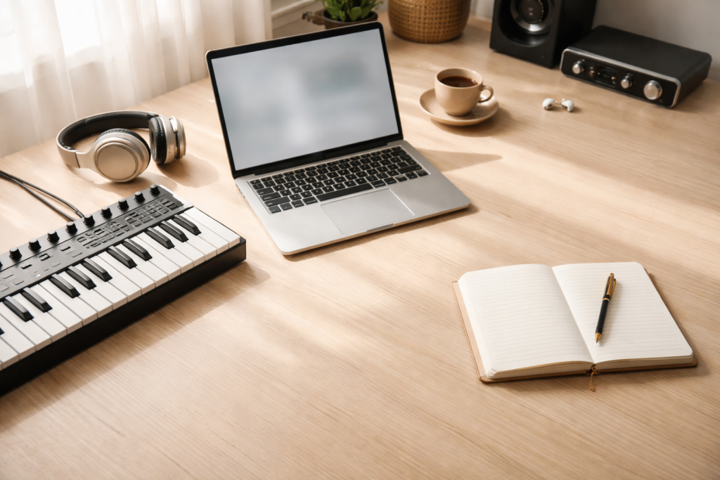 [light] Standard blogheader: et roligt, bredt billede af skrivebord med MIDI-keyboard, notesbog og laptop — plads til titeloverlay.