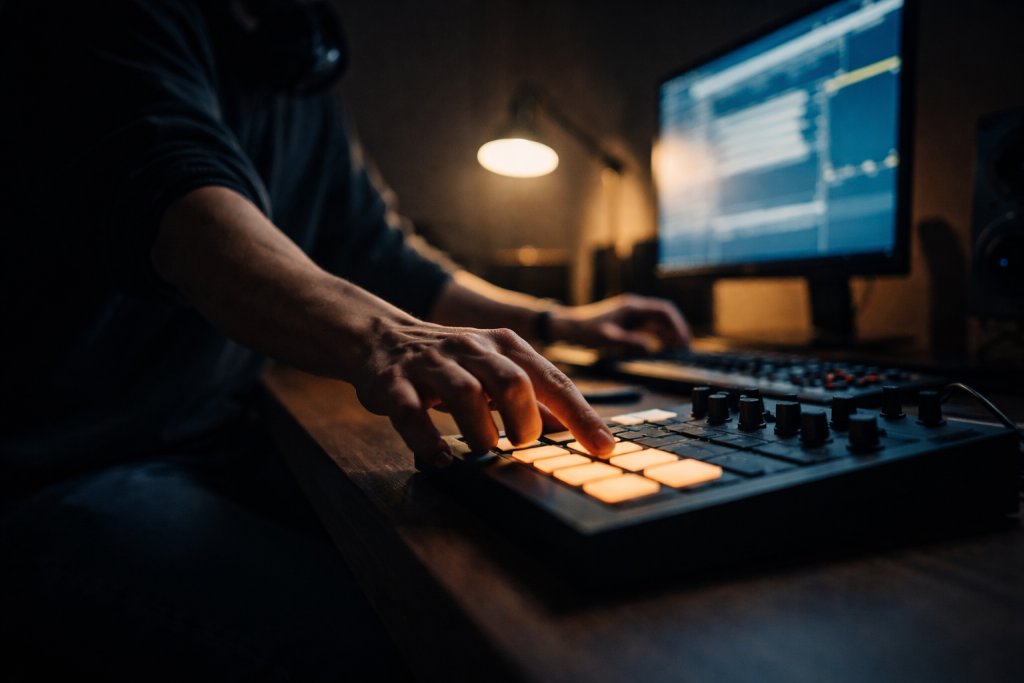 [dark] CTA-baggrund: energisk men simpel scene af producer ved keyboard med lys fra skærm — tydelig retning mod “kom i gang”.