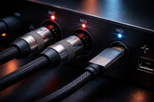 [dark] Feature-detalje: makro close-up af MIDI-kabler/USB-interface og knapper — viser den tekniske side og kvaliteten i udstyr.