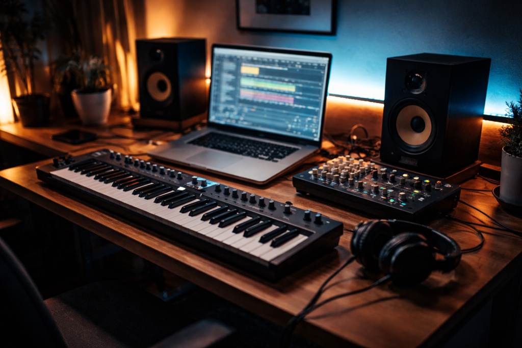 [dark] Bred hero til forsiden: et moderne home-studie med synths, MIDI-keyboard og skærm i dæmpet aftenlys — bruges til at sætte stemningen for Midispot.