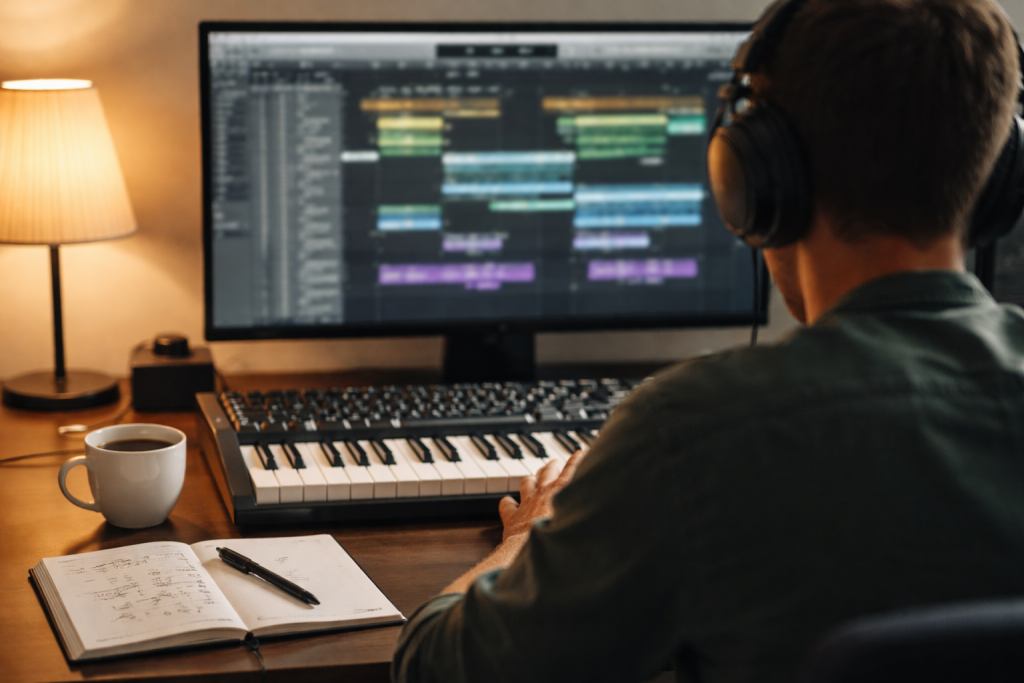 [light] Servicebillede #1: DAW-guides og workflow — over-the-shoulder view af arrangement i DAW, uden læsbar tekst.