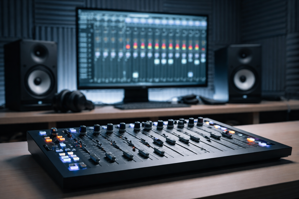 [dark] Servicebillede #3: plugins/VST og mix — skærm med mixer-lignende view og en controller med faders i forgrunden.