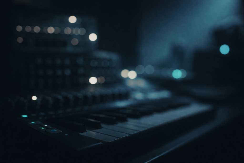 [dark] Baggrund til testimonials: stemningsfuld, sløret studio-bokeh med lysprikker og gear i baggrunden — rolig og ikke-distraherende.