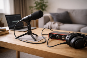 Podcast-udstyr til begyndere: mikrofon, interface og støjfrit setup i hjemmet