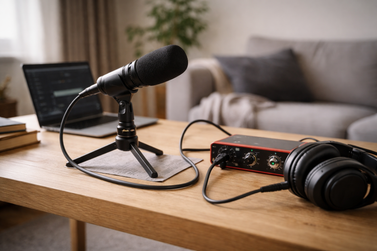 Podcast-udstyr til begyndere: mikrofon, interface og støjfrit setup i hjemmet